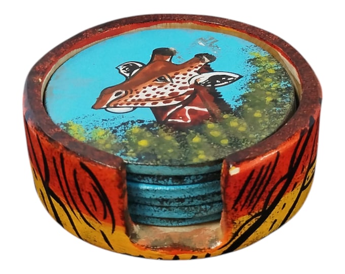 On sale!! Hand-Painted Wooden Coaster Set with Giraffe Motif - African Art Decor|Traditional Decor| Home Decor