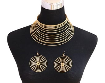 African Gold-Toned Multi-Wire Jewelry Set, Dramatic Collar Choker, Wide Cuff Bracelet & Spiral Earrings
