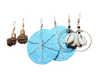 Set of 3 Boho Earrings | Cowrie Shell Dangles, Blue Beaded Hoops & Metallic Tassel Drops