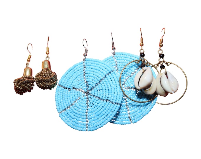 Set of 3 Boho Earrings | Cowrie Shell Dangles, Blue Beaded Hoops & Metallic Tassel Drops
