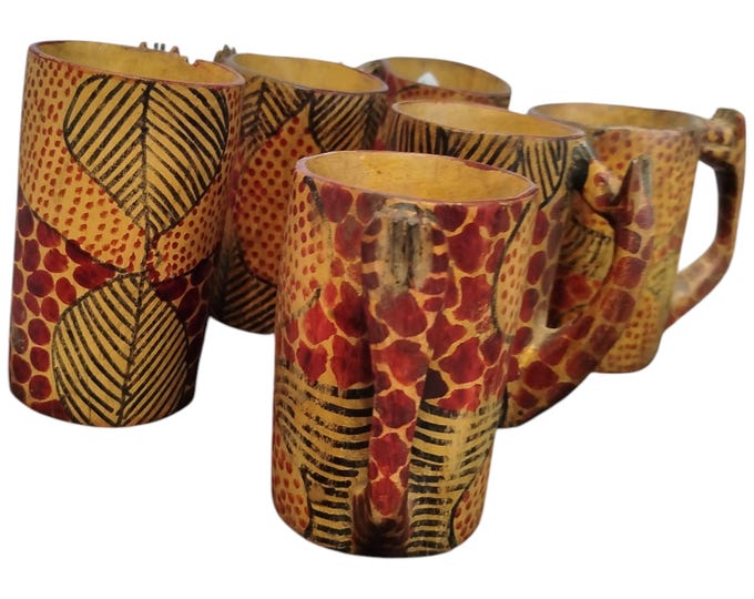 On sale !! Hand-Painted Wooden Mugs with African-Inspired Patterns - Set of Six |Traditional Decor| Home Decor