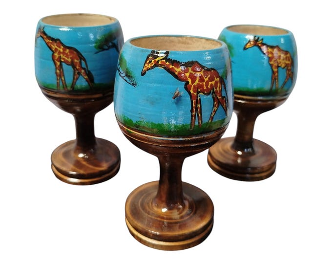 On sale !!Hand-Painted Wooden Goblets with Giraffe & Savanna Scenes - Set of Three |Traditional Decor| Home Decor