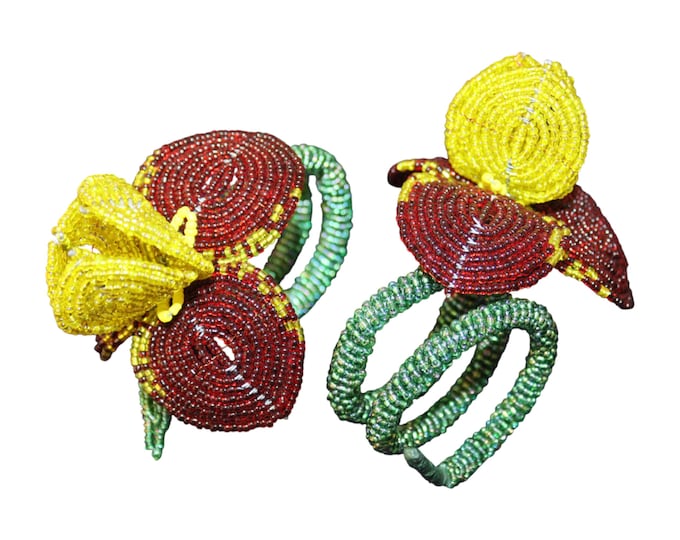 Handmade Beaded Yellow & Red Iris Napkin Rings Set, African Wire Seed Bead Orchid Holders, Boho Floral Table Decor Accent Gift