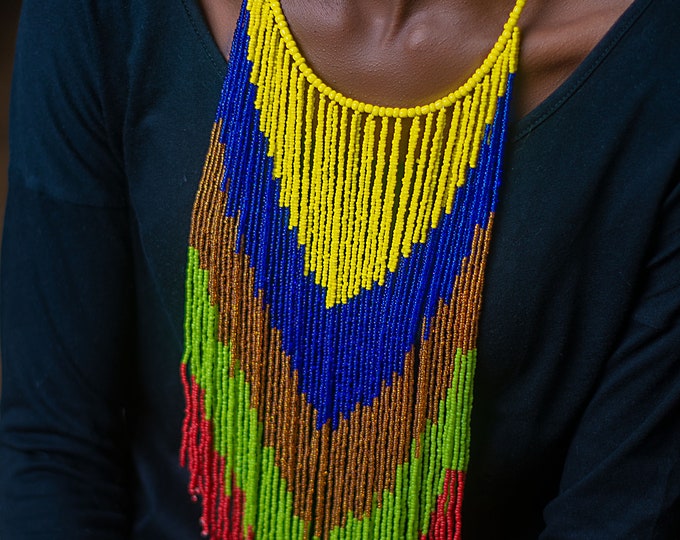Beaded Yellow Blue Brown Green African Necklace | Maasai Traditional | Gift for Her |