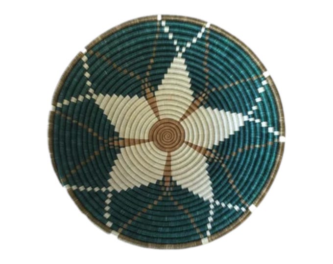 Handwoven Rwandan Basket Wall Decor, Teal Blue Starburst Sisal Bowl, Coastal Boho Wall Hanging Plate, African Decorative Centerpiece