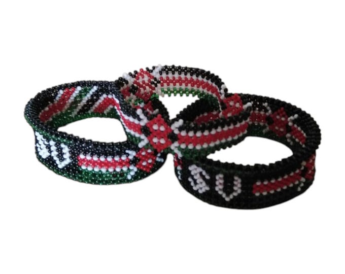 Personalized Black Beaded Bracelets | Kenyan Flag Colors Tribal Bangles | African Jewelry