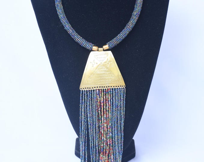 On SALE African  Striking Blue Multi-Colored Beaded Necklace with Triangular Brass Pendant | Stylish | Gift for Her | Masai Mara