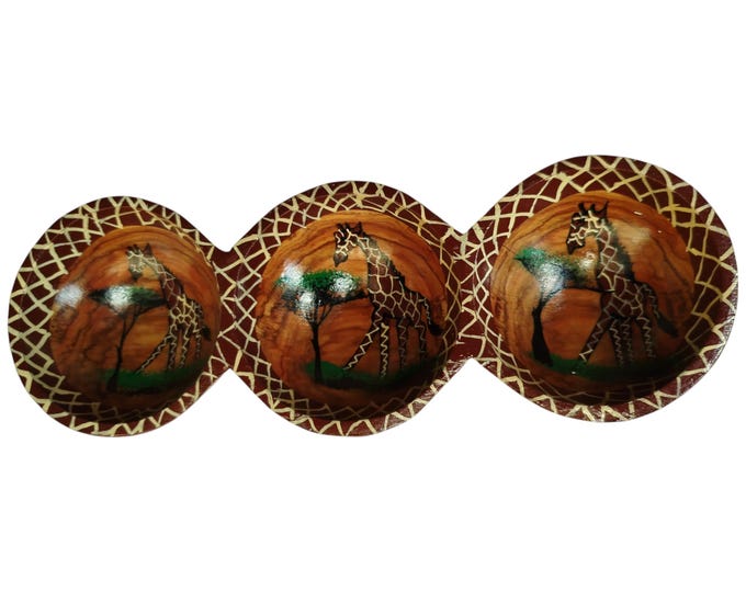 On sale Unique African 3 in 1 Giraffe Carved Wooden gravy boat Sauce Bowls
