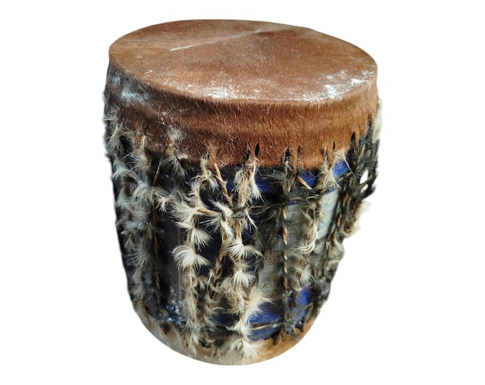 A Fur & Hide Kenyan Mini Drum African Souvenir Tribal Art Decor Gift Collectible Handmade Display Decor