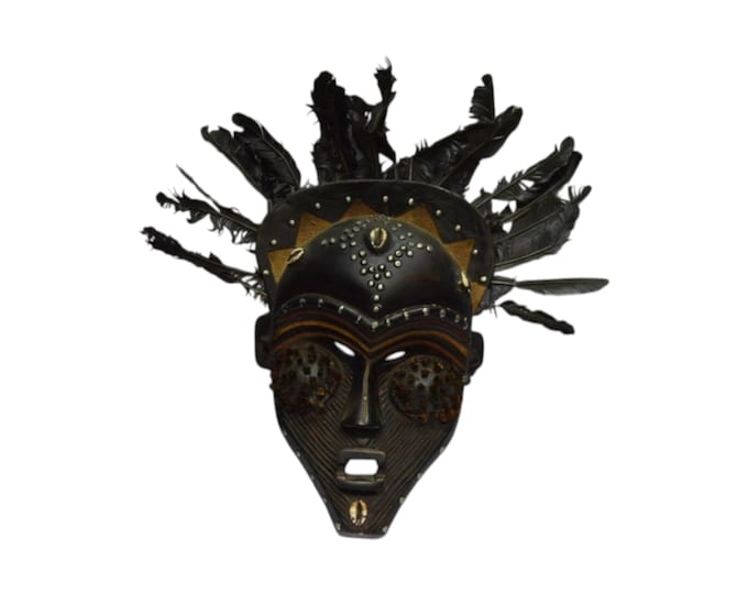 Hand Carved Guro Style African Mask: Cowrie Shell & Feather Wall Hanging