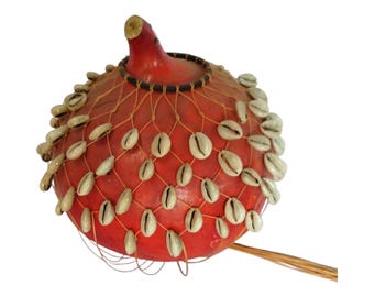 African Gourd Shaker with Cowrie Shell Netting: Traditional Musical Instrument & Decor