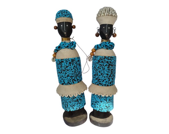 On Sale Make Vibrant Blue & White African Namich Dolls with Cowrie Shells (Set of 2) Celebrating Childhood Symbolic Cultural Console decor