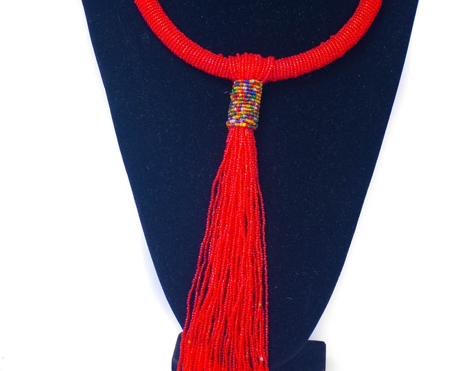 Beaded Red Tassel African Necklace | Maasai Traditional | Gift for Her