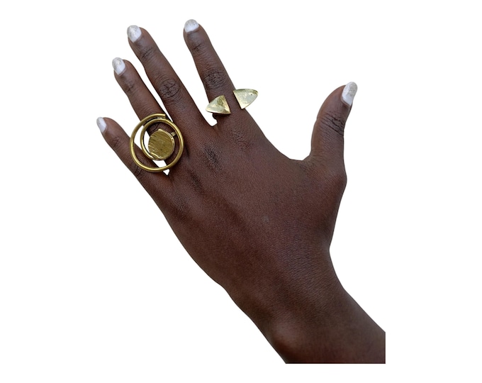 On sale A Set of 2 African  Abstract Circle & Triangle Brass Ring Set - Modern Geometric Style| Stylish| Gift for her