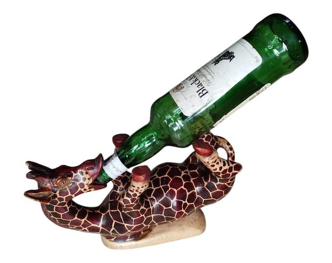 Handcrafted African Giraffe Wine Bottle Holder Unique Carved Wood Bar Decor Safari Animal Wine Rack Kitchen Gift Idea Home Accent Art