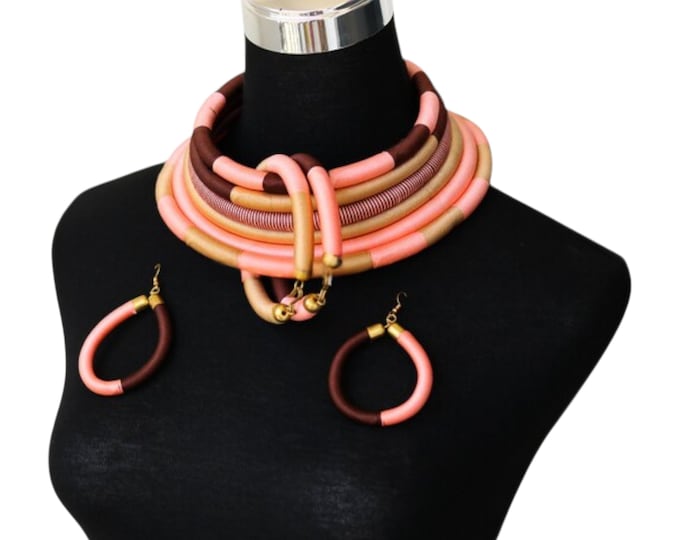 3-Pc Wrapped Statement Jewelry Set | Pink, Brown and Tan Chunky Collar Necklace & Hoop Earrings