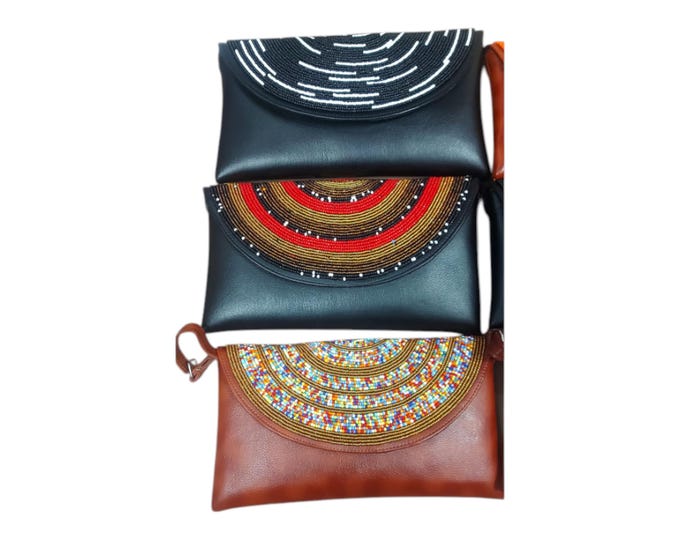 Handcrafted African Beaded Leather Envelope Clutch Set, Black & Brown Evening Purse with Beaded Flap, Boho Gift for Her