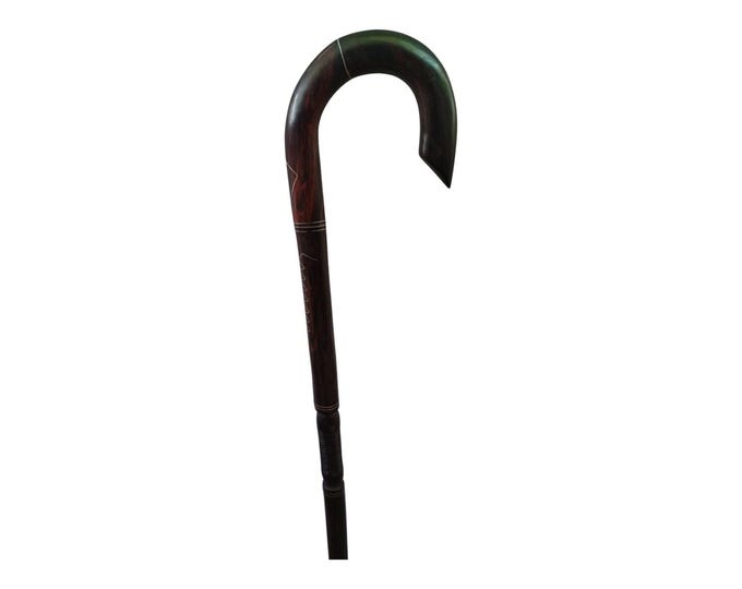 Classic Ebony Rosewood Walking Stick Crook Handle Handmade African Inspired Gentleman Cane Carved Details Collectible Men Gift Elegant Wood