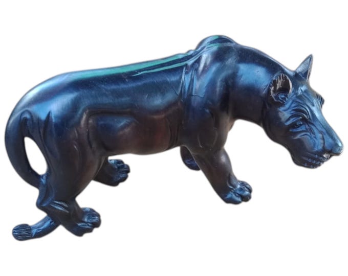 Ebony Wood African Lion | Lioness | Carving Sculpture | Simba | Wooden Antique Vintage African Table Top Ceremonial Black Brown