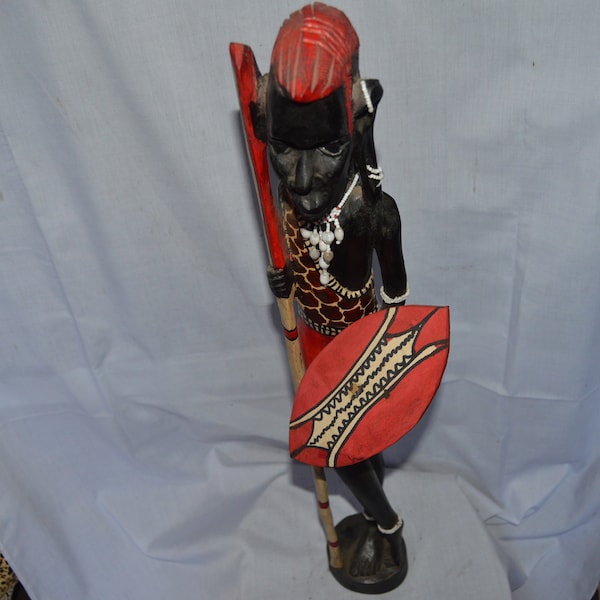 Red & Black Maasai Warrior Carving Safari Shelf Table top console top Art