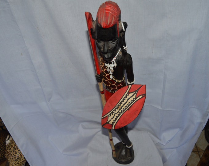 Red & Black Maasai Warrior Carving Safari Shelf Table top console top Art