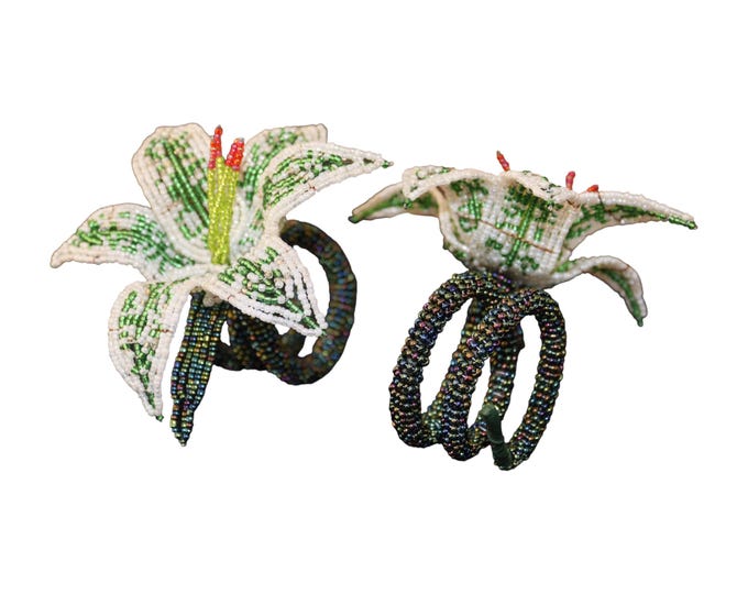 Handmade Beaded White & Green Lily Napkin Rings Set of 6, African Wire Seed Bead Flower Holders, Boho Floral Table Decor Gift