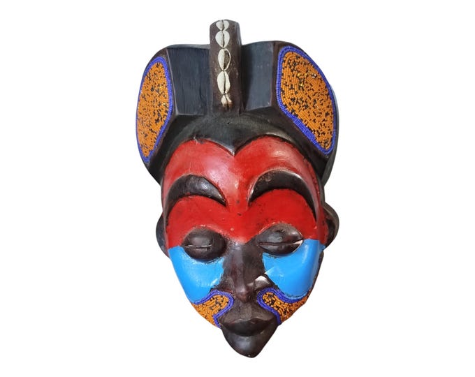 Vibrant  Expressive Splendor: West African Chokwe Beaded & Painted Mask Table top console top Art gift wood Wall Hanging Home Decor