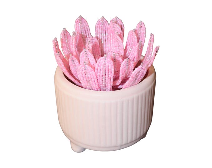 Handmade Beaded Protea Flower in Pot, Pink African Wire Seed Bead King Protea Sculpture, Desk Decor, Boho Shelf Accent Gift