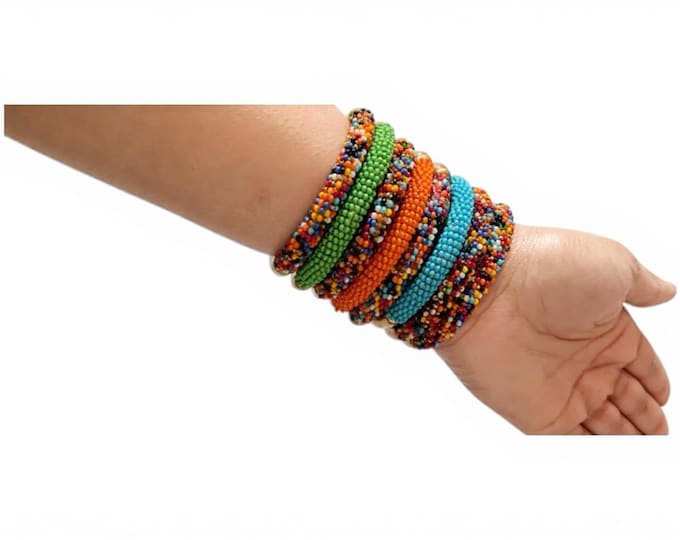 Colorful Brass Cuff Bracelets Set Beaded Summer Bangles Handmade African Inspired Jewelry Wedding Birthday Gift For Her Unique Stacking Art