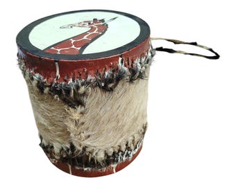 Giraffe Cowhide Mini Drum: Hand-Painted Kenyan Tribal Art Decor