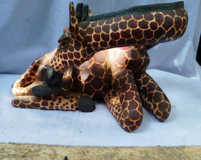 Hand Carved Wooden Giraffe Sculpture: Resting Safari Animal Decor