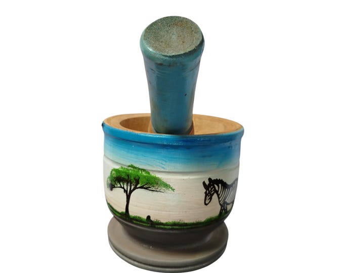 On sale !! Hand-Painted Wooden Mortar and Pestle with Savanna Tree Motif - African Art |Traditional Decor| Home Decor