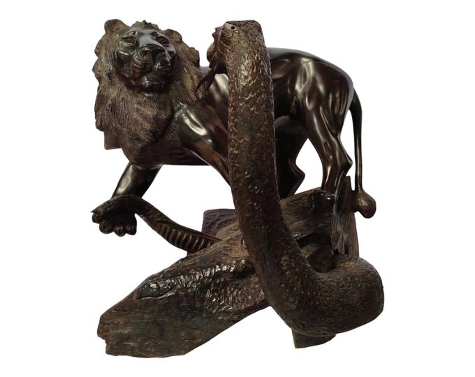 Dynamic Hand-Carved Ebony Wood Lion and Serpent Sculpture - African Wildlife Art- African Art Decor-Table top console top Art