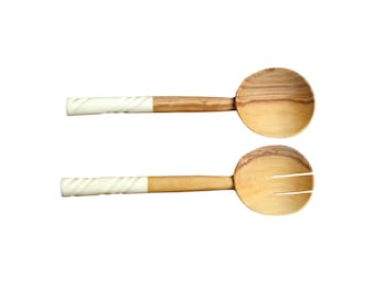 Hand-Carved African Wooden Salad Servers with White Bone Handles