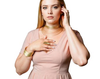 Handmade Brass Statement Jewelry Set: Choker, Cuff, and Ring