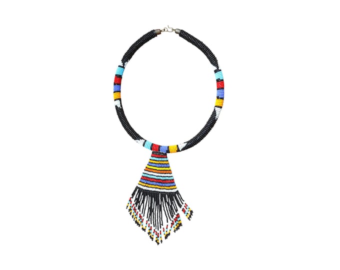 Black Beaded Choker Necklace | African Maasai Tribal Fringe Bib | Dark Statement Collar