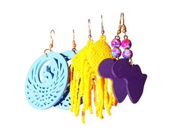 African Statement Earrings Set | Wood Africa Map, Beaded Fringe, Wooden Ovals