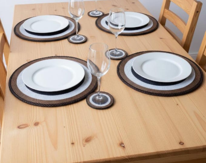 Hand-Beaded African Leather Table Mat & Coaster Set - Black, White, Copper