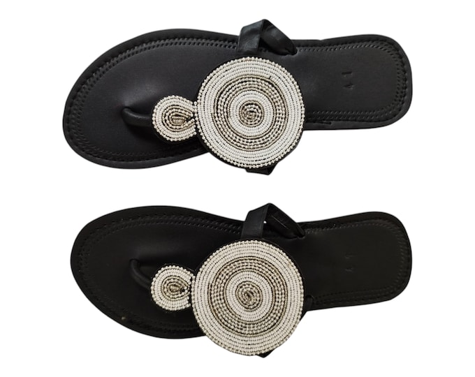 Elegant White Silver Beaded Sandals Women Summer Beach Handmade African Wedding Bday Gift Unique Leather Look Finest Beads Art Chic Wow