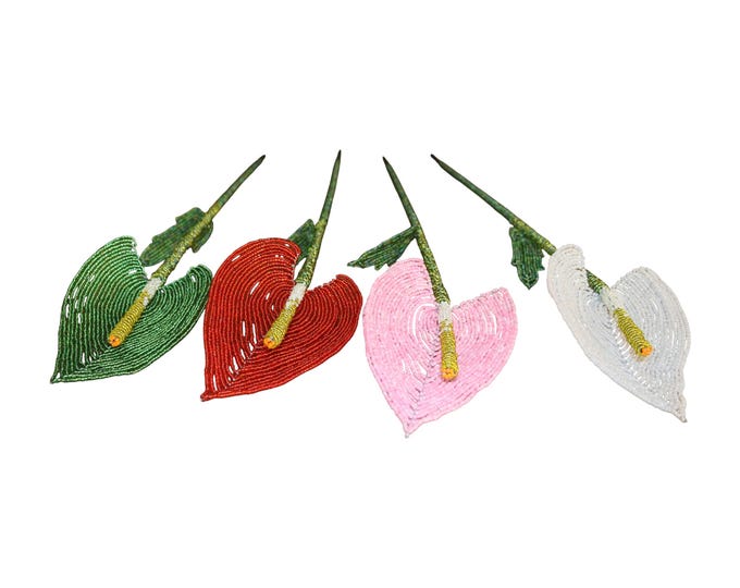 Set of 4 Handcrafted African Beaded Anthurium Flower Stems, Modern Tropical Forever Flowers