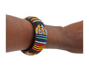Wide Black African Beaded Bangle | Colorful Striped Maasai Statement Bracelet | Handmade Tribal Seed Bead Cuff
