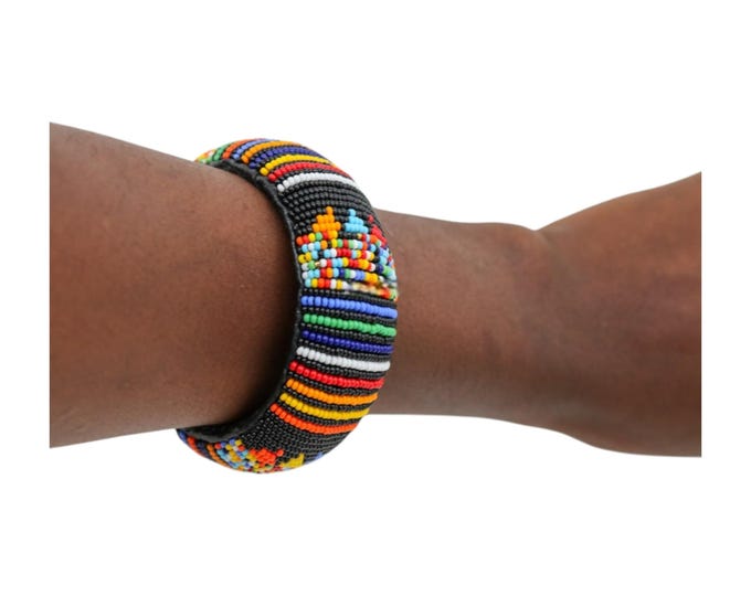 Wide Black African Beaded Bangle | Colorful Striped Maasai Statement Bracelet | Handmade Tribal Seed Bead Cuff