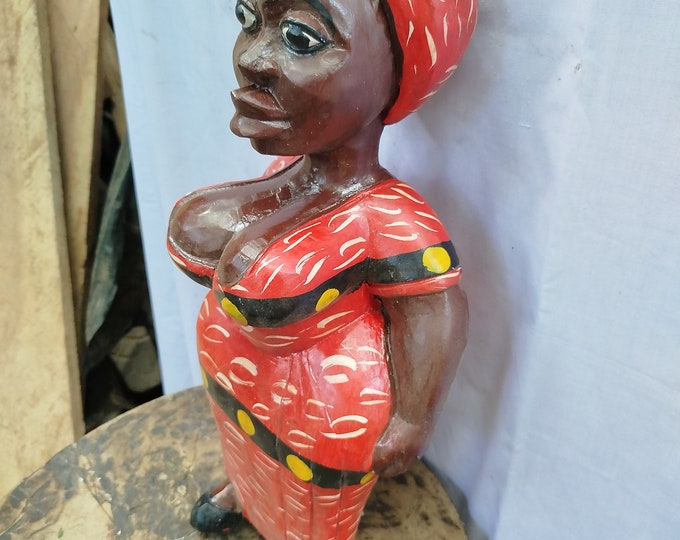 Vibrant Mama Africa African Woman Figurine,Red African Figure colonial West africa Safari Shelf console top Art grandpa gift wood