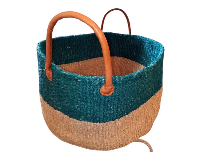 African Handbag Blue Brown Beach Bag Handwoven Kenyan Sisal Basket Bag with Leather Handles African Decor Shopping Bag Laundry Basket