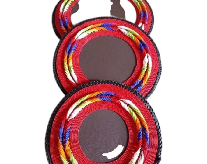 Handcrafted African Beaded Table Placemats Set, Red Leather Round Dining Mats with Multicolored Beadwork, Boho Home Decor Gift