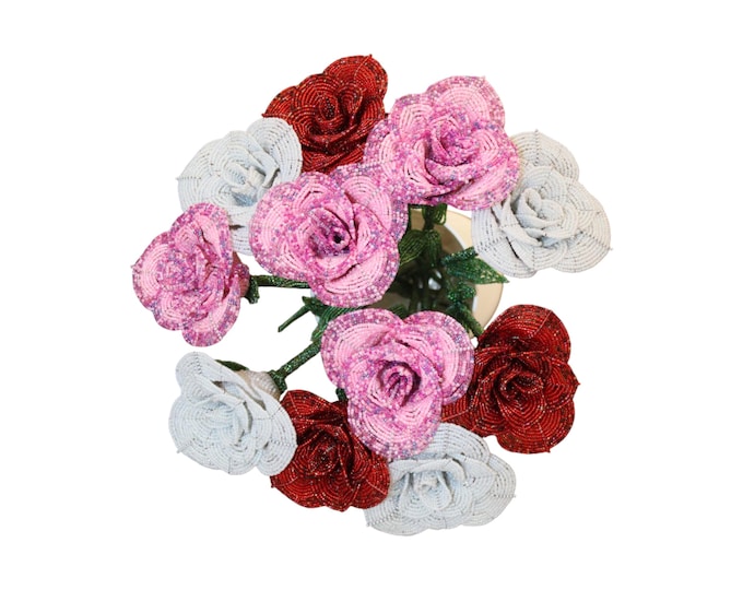 Handcrafted African Beaded Rose Bouquet, Permanent Red, Pink, and White Forever Flowers, Artistic Floral