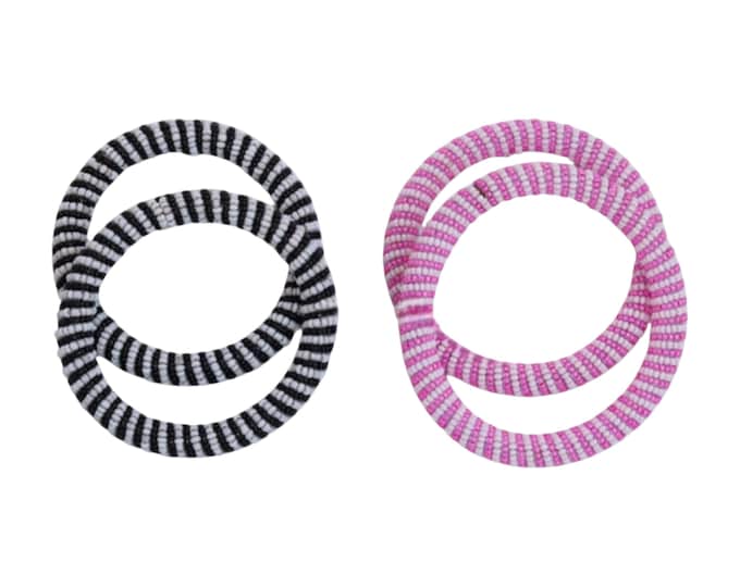 Set of 2 Striped Zulu Beaded Hoop Bracelets | Black White & Pink White African Bangles