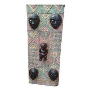 ON SALE!!Ancestral Assemblage: Textured Wall Panel with African Masks and Figure Wall Decor Display Wall Hanging Ceremonial