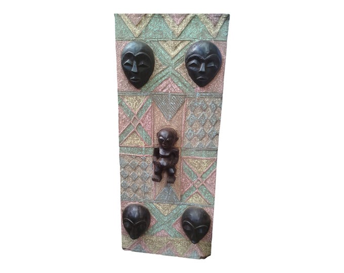 ON SALE!!Ancestral Assemblage: Textured Wall Panel with African Masks and Figure Wall Decor Display Wall Hanging Ceremonial