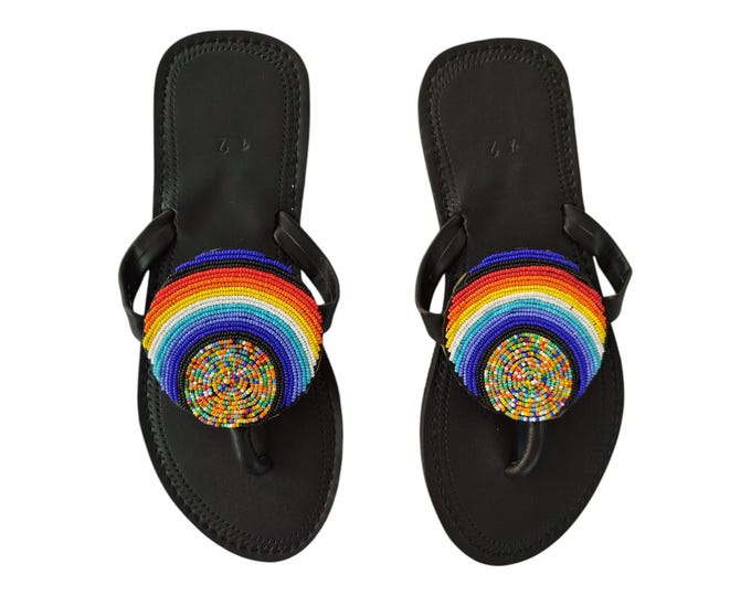Vibrant Rainbow Circle Sandals Women Summer Beach Handmade African Wedding Birthday Gift Unique Beaded Flip Flops Leather Look Finest Beads